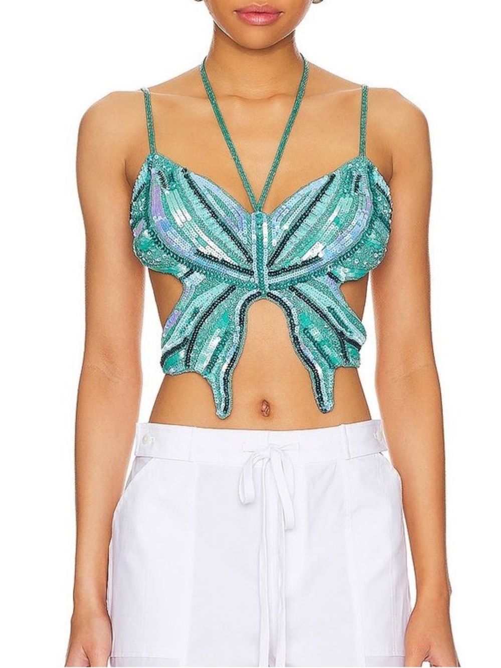 H:ours Revolve Carola Embellished Butterfly Sequin Beaded Top in Turquoise M